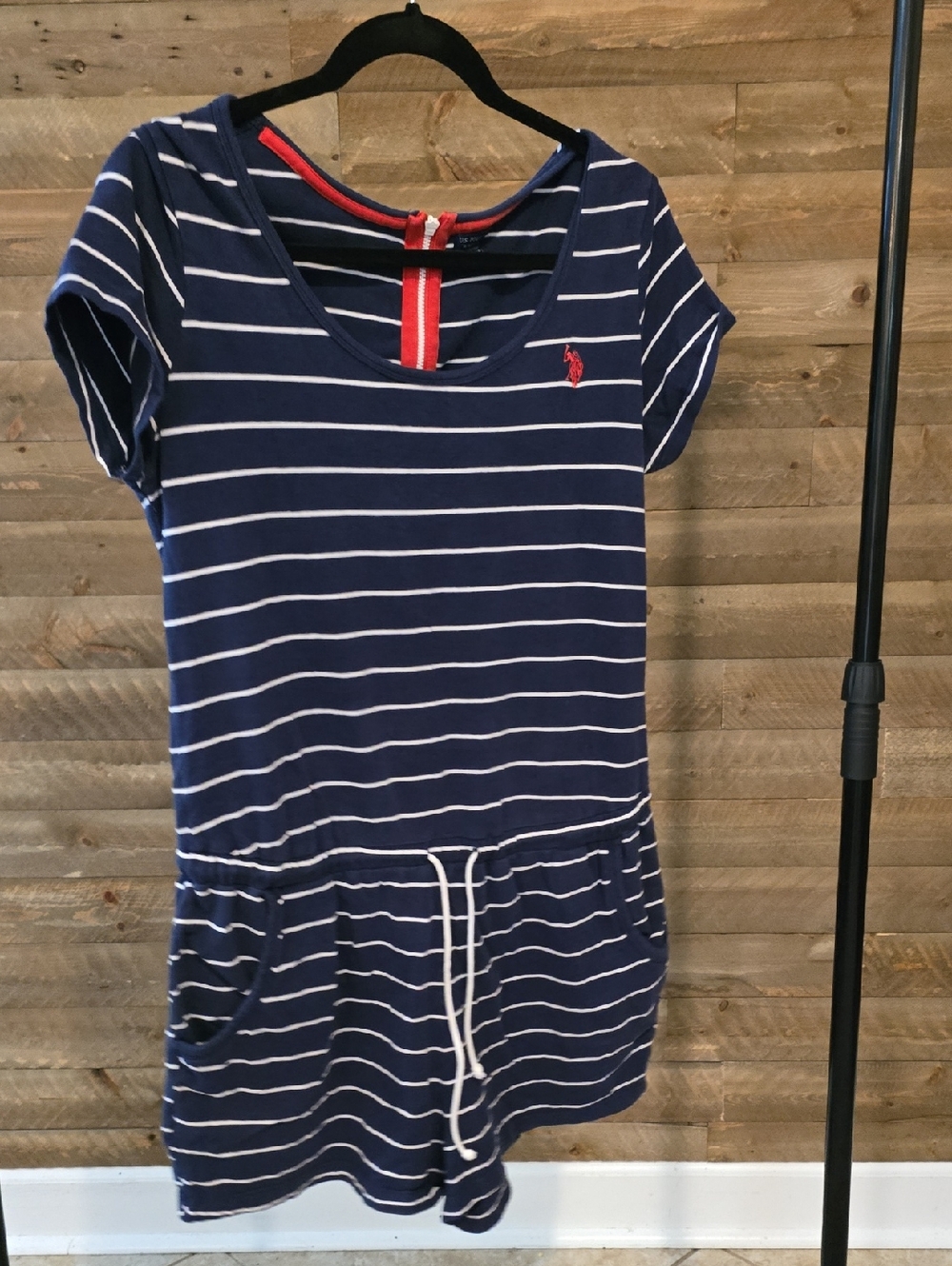 U.S. Polo Association Navy and White Striped Cotton Romper with Red Accents (L)